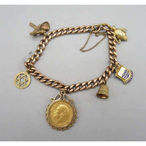 1 - 9ct yellow gold charm bracelet set with 9ct gold charms, stamped 375, and a 1912 half sovereign set ...