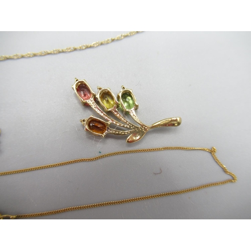 1106 - 9ct yellow gold floral pendant set with multi coloured gemstones, stamped 375, and five 9ct yellow g... 