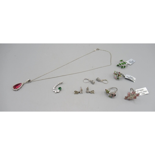 1107 - Silver drop earrings and pendants set with various stones including kyanite, ruby, agate etc. and fo... 