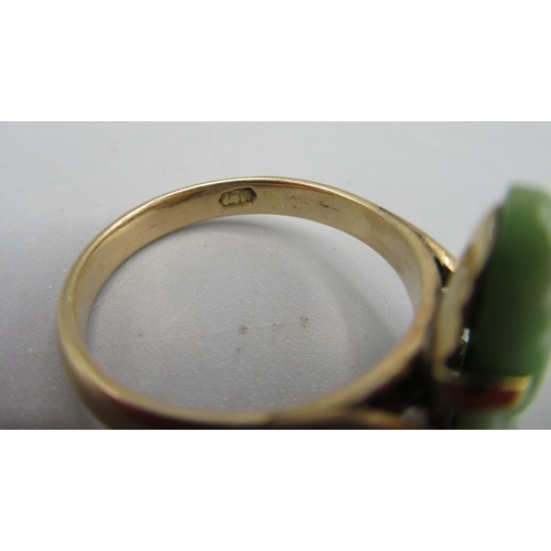 43 - 14ct yellow gold ring set with jade buddha, stamped 14k, size N1/2, 3.2g