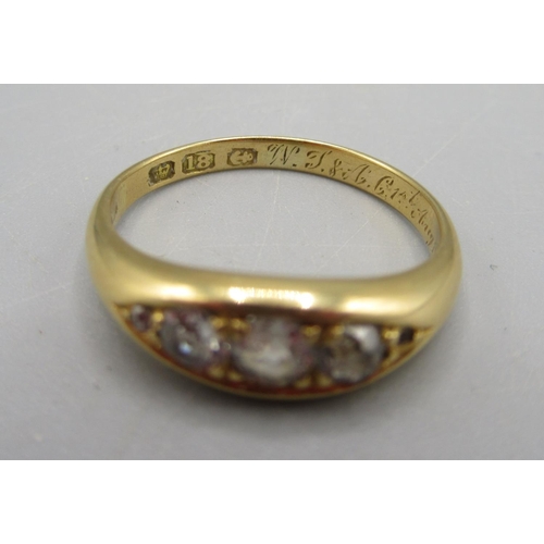 45 - 18ct yellow gold ring set with four diamonds (one missing), stamped 18, size L1/2, 3.0g