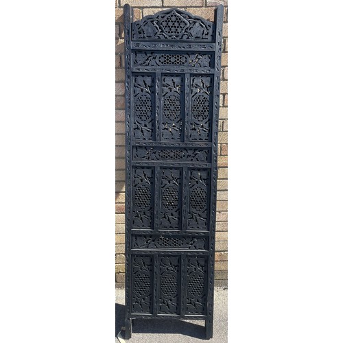 1185 - Shane Lynch collection - Indian carved black painted wooden folding dressing screen, H182cm