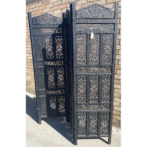 1185 - Shane Lynch collection - Indian carved black painted wooden folding dressing screen, H182cm