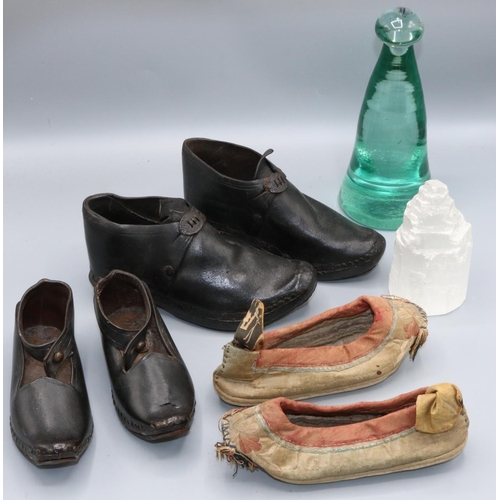 767 - Two pairs of children's black leather clogs, pair of children's Chinese silk slippers, green glass d... 