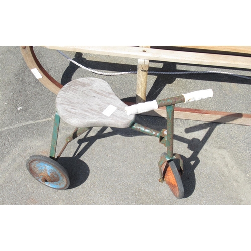 1319 - Vintage wooden sledge and a steel trike with wooden seat, A/F