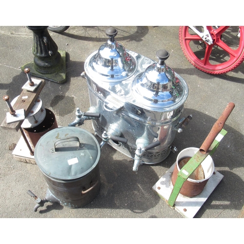 1321 - Collection of vintage metalware, including an ornate tea and coffee urn, two vintage apple presses e... 