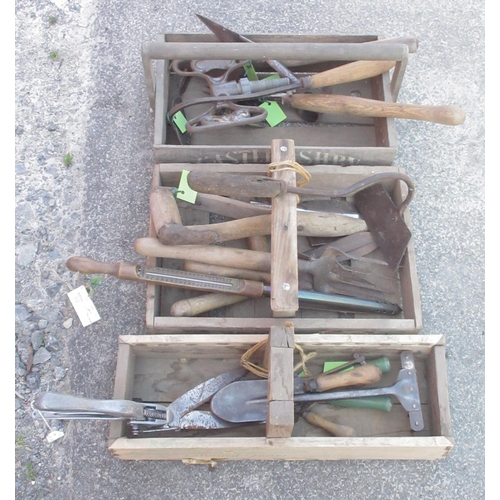 1314 - Three vintage wooden tool boxes with a selection of gardening tools, including secateurs, trowels, s... 