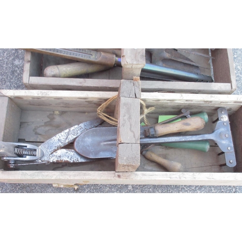 1314 - Three vintage wooden tool boxes with a selection of gardening tools, including secateurs, trowels, s... 