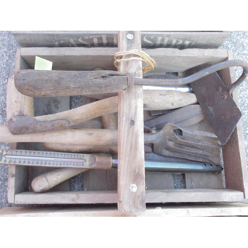 1314 - Three vintage wooden tool boxes with a selection of gardening tools, including secateurs, trowels, s... 