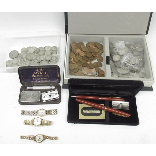 1004 - Collection of coins incl. silver content pre-1947 coins (11.2ozt.), two Waterman pens incl. fountain... 