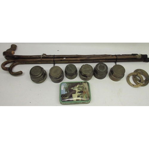 1008 - Mortimer Builder Dunnington, late 19th century brass wheel hub; three other named brass wheel hubs W... 