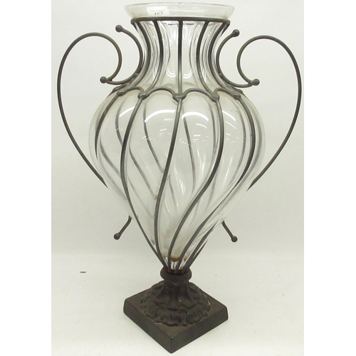 167 - Large caged glass amphora footed vase, H50cm