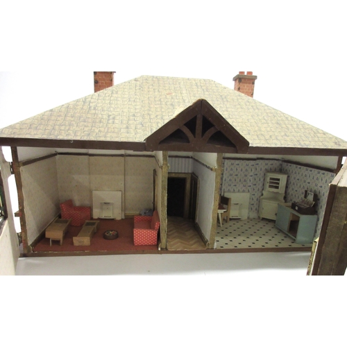 277 - 1930s bungalow dolls house, opens from front and back, furnished