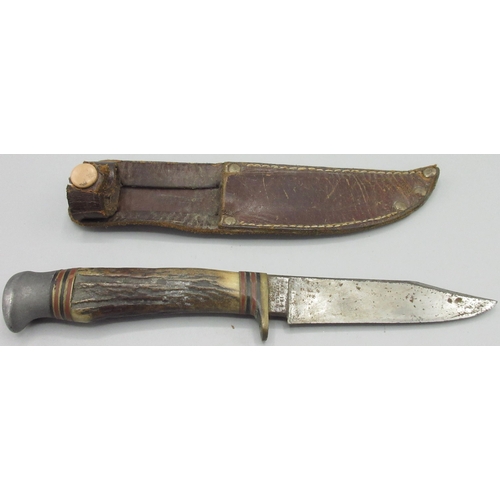 565 - William Rodgers, Sheffield scouting / bushcraft knife, simulated antler handle and leather scabbard,... 