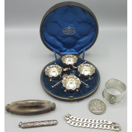 76 - Victorian silver set of four salts each on three ball feet and fluted rims in fitted case, by Goldsm... 