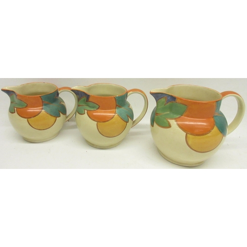 761 - Set of three Art Deco Susie Cooper for Gray's Pottery jugs, Hawaiian pattern no. 8374, max. H13cm