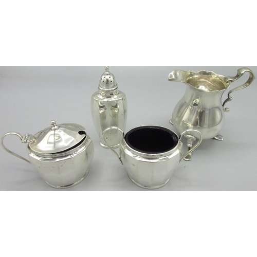 79 - Art Deco silver three piece cruet set incl salt, mustard pot and pepperette by Hobson, James & Gilby... 