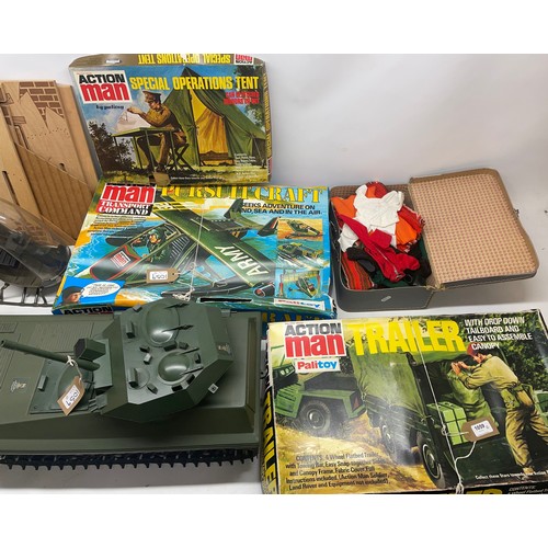 1059 - Action Man boxed Transport Command Pursuit Craft, boxed action man Trailer, unboxed tank, boxed spec... 