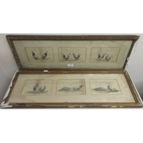 271 - English School (Later C19th); Cock Fighting, set of six  watercolours framed as two, signed with ini... 