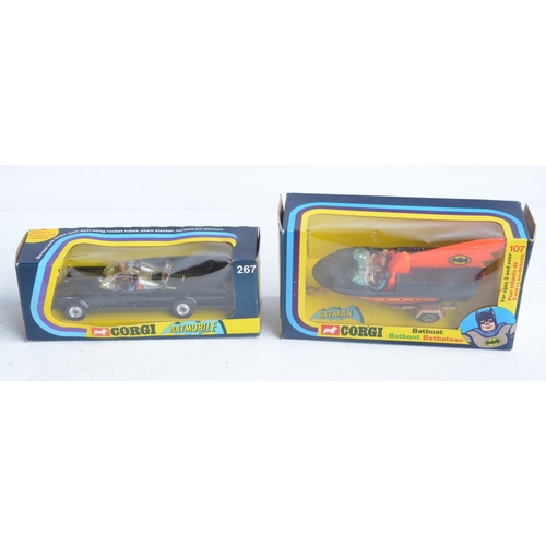 379 - Boxed vintage C1970s Corgi Batmobile and Batboat, both in good condition, some paint chipping etc., ... 