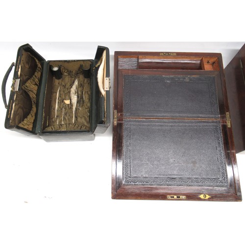 254 - Ladies leather vanity case, wooden writing slope with black leather surface, and a rosewood inlaid j... 