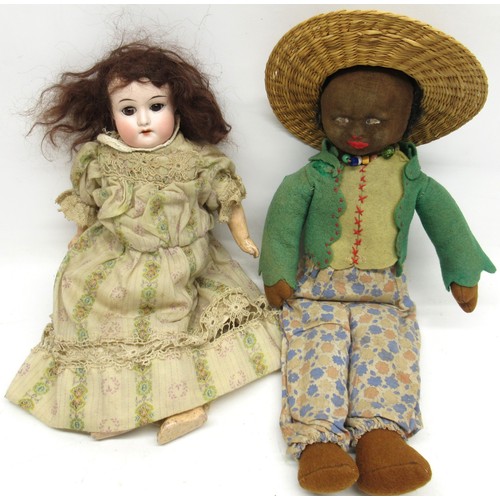 280 - Schoenau & Hoffmeister doll with porcelain head and stamped 4/0, 32cm and a small felt doll with str... 