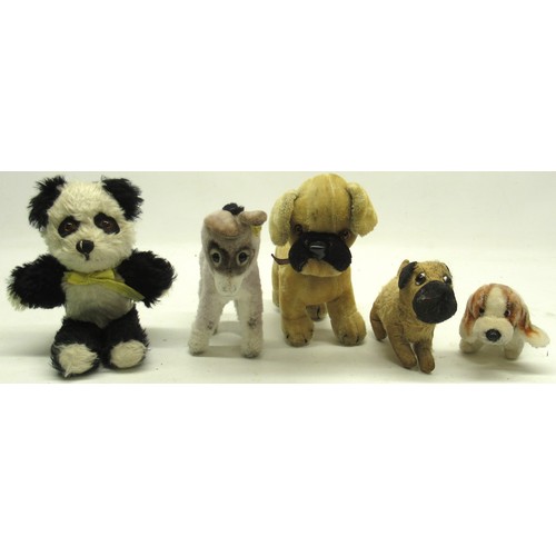 279 - 1950s Steiff donkey, a small plush basset hound, possibly Steiff, and three others similar