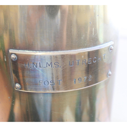 1404 - Large brass shell case with plaque engraved H.N.L.M S. UTRECH FROST 1972. Silver topped bamboo ridin... 