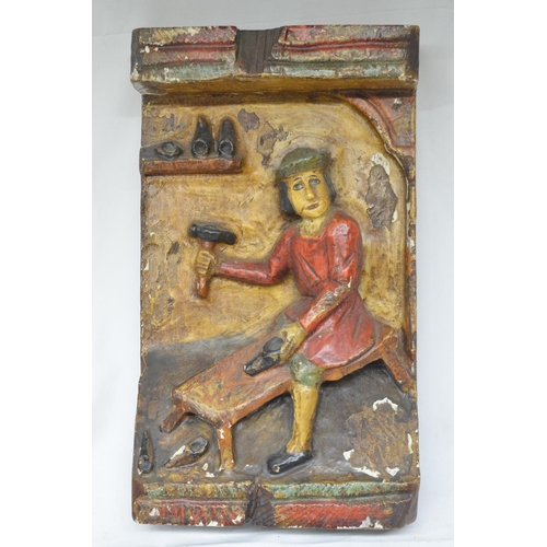 845 - Circa 16th-18th century carved wood shop sign depicting St Crispin, patron saint of cobblers, one ha... 