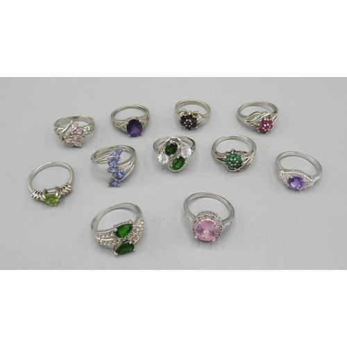 1097 - Eleven silver rings set with gemstones, including aquamarine, Zircon, etc. with some Gemporia certif... 