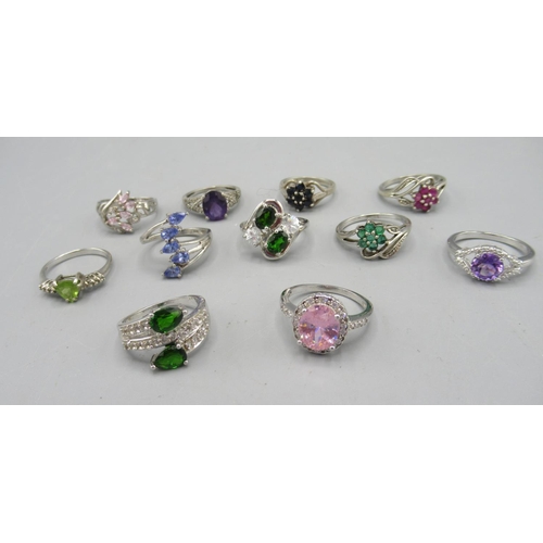 1097 - Eleven silver rings set with gemstones, including aquamarine, Zircon, etc. with some Gemporia certif... 