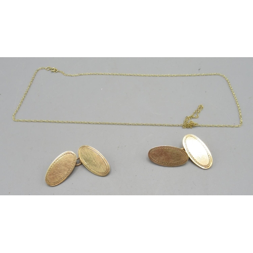 1098 - Pair of 9ct yellow gold oval cufflinks and an a fine 9ct yellow gold chain necklace, both stamped 37... 