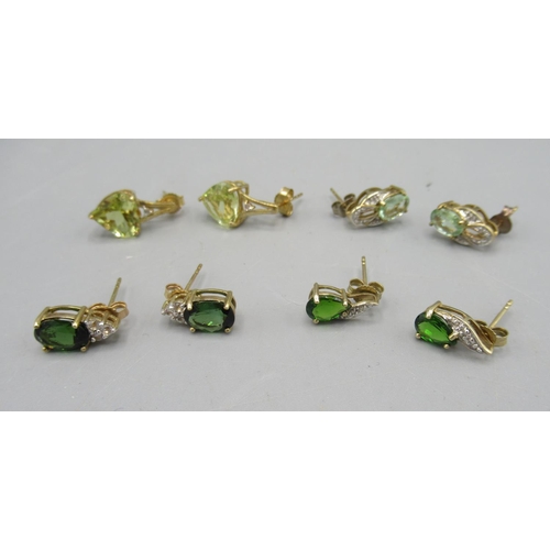 1100 - Four pairs of 9ct yellow gold earrings, set with various green stones, all stamped 375 or 9k, 7.51g