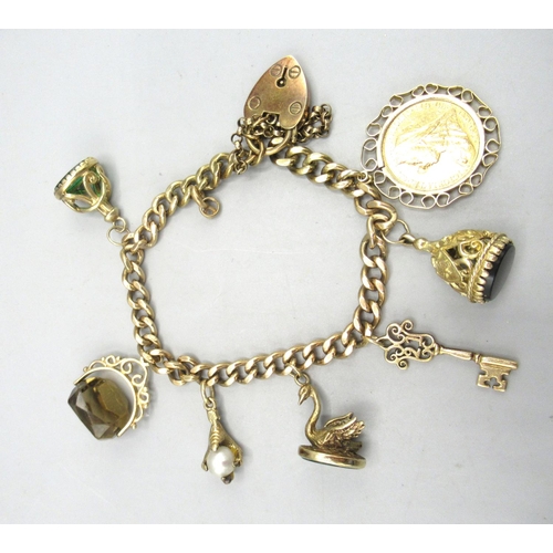 201 - 9ct yellow gold charm bracelet set with 9ct yellow gold charms and a 1894 sovereign in yellow metal ...