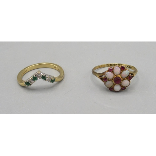 206 - 18ct gold opal and ruby cluster ring, size N, and an 18ct yellow gold ring set with diamonds and eme... 