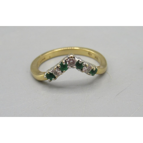 206 - 18ct gold opal and ruby cluster ring, size N, and an 18ct yellow gold ring set with diamonds and eme... 