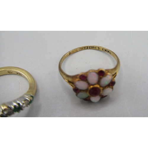 206 - 18ct gold opal and ruby cluster ring, size N, and an 18ct yellow gold ring set with diamonds and eme... 