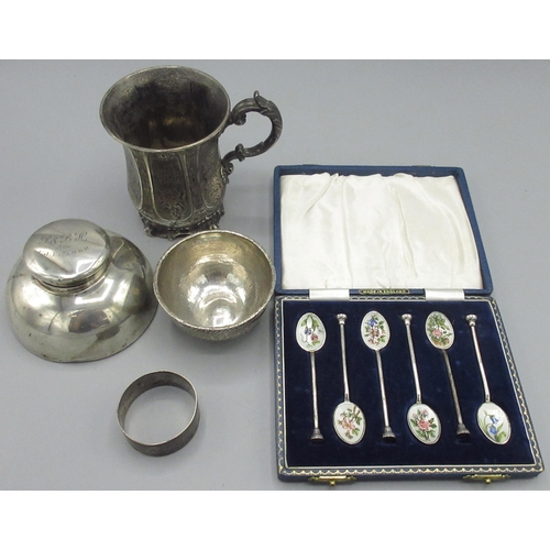 199 - 20th century silver cased set of six enamelled teaspoons with hand painted flowers by Henry Clifford... 