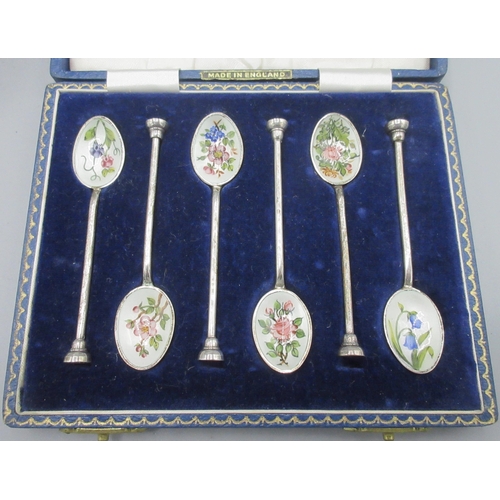 199 - 20th century silver cased set of six enamelled teaspoons with hand painted flowers by Henry Clifford... 