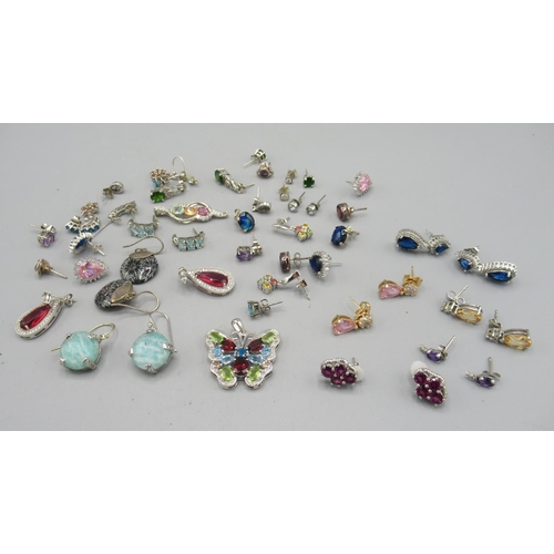 1102 - Collection of hallmarked silver earrings and pendants set with various coloured stones, 2.07ozt and ... 