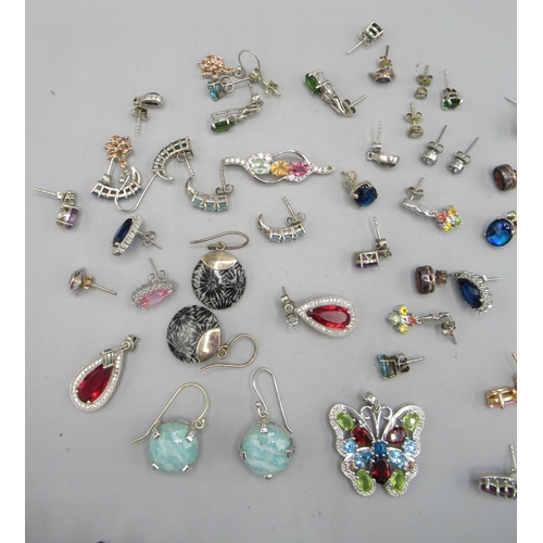 1102 - Collection of hallmarked silver earrings and pendants set with various coloured stones, 2.07ozt and ... 