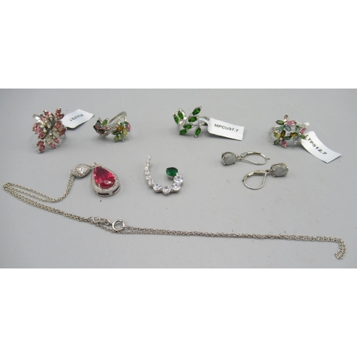 1107 - Silver drop earrings and pendants set with various stones including kyanite, ruby, agate etc. and fo... 