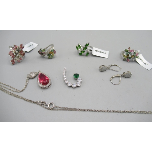 1107 - Silver drop earrings and pendants set with various stones including kyanite, ruby, agate etc. and fo... 