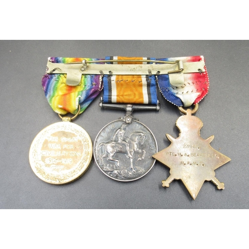 666 - 1914-1915 Star, War Medal, Victory Medal. 
To 23948 Pte H A Beardsley R.A.M.C.