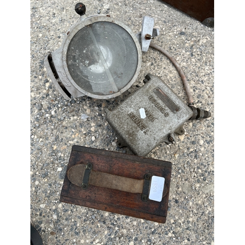 1359 - Vintage wooden-cased volt meter, a railway lamp with signs of damage, and a Venner time switch