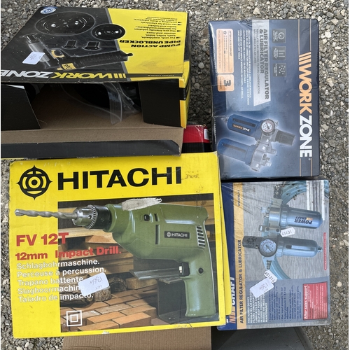 1364 - Selection of modern power tools, including an unopened Work Zone 400W Electric file, an unopened air... 