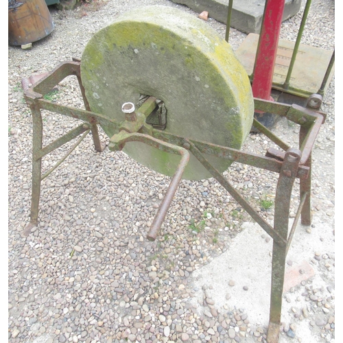 1304 - C1940's hand turned grindstone, on a cast iron frame, model no2. 98cm 100cm