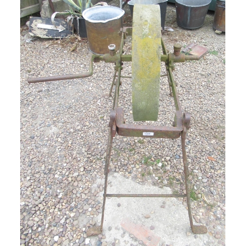 1304 - C1940's hand turned grindstone, on a cast iron frame, model no2. 98cm 100cm