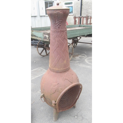 1307 - Large cast iron tripod Chimenea with grape and bamboo design, H37cm