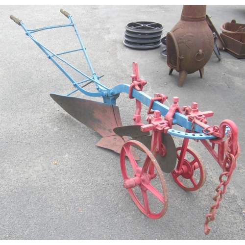 1356 - Ransomes of Ipswich horse-drawn plough, with signs of restoration work. L259cm